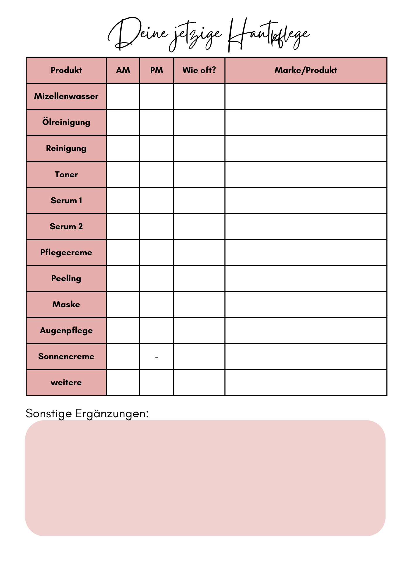Gratis PDF - Hautpflege Wochenplan zum downloaden und ausfüllen